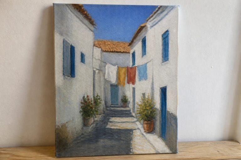 Painting of narrow alley between white buildings with blue shutters and hanging laundry.
