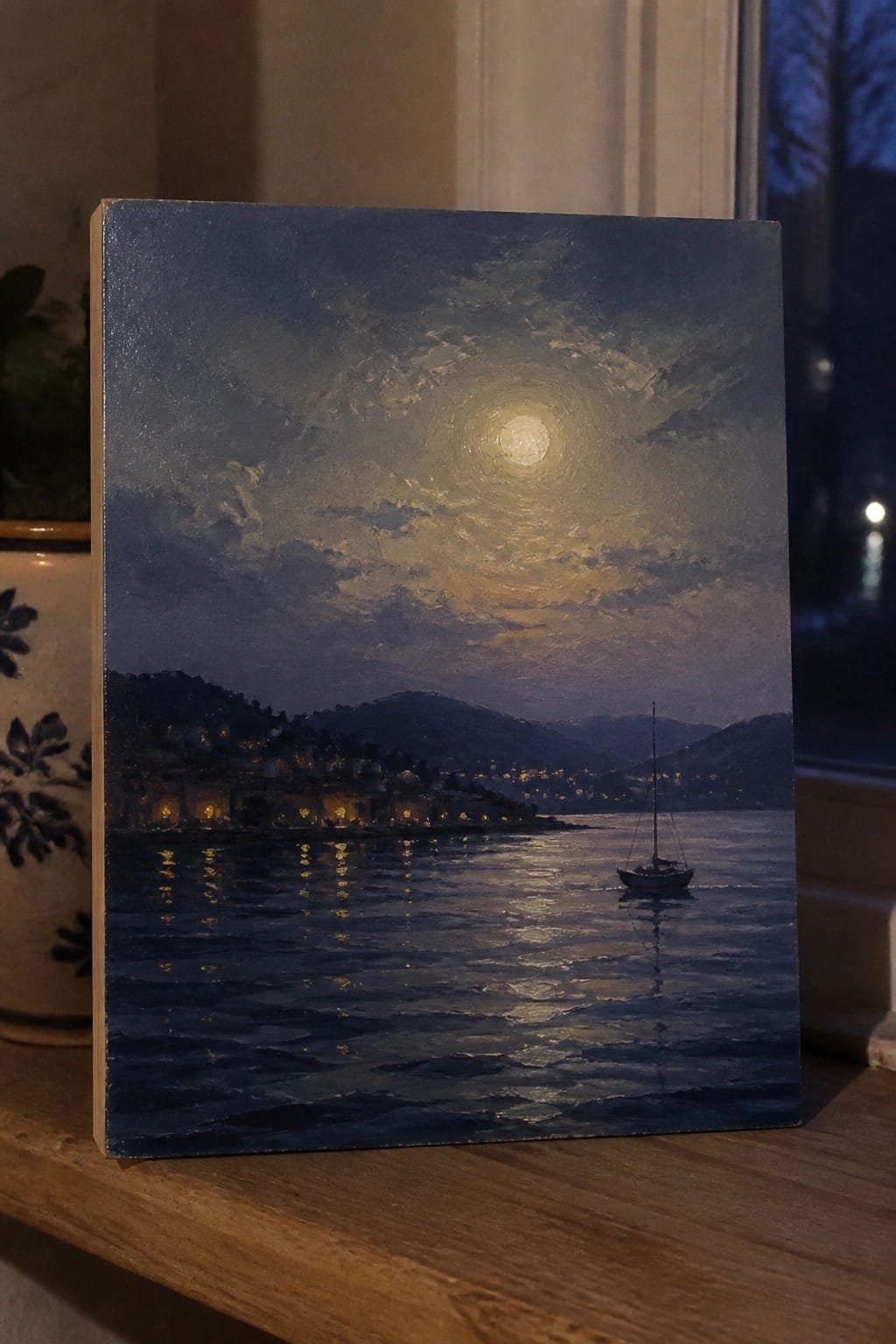 Moonlit seascape painting with sailboat on reflective waters and glowing coastal town.