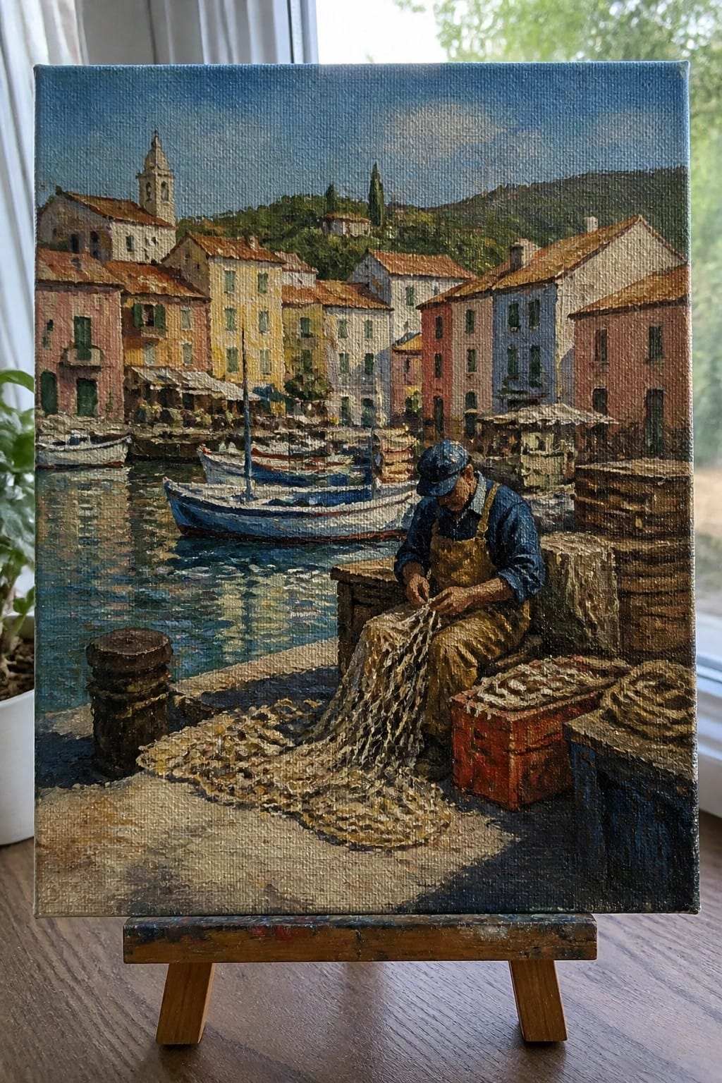 Fisherman in cap and overalls mending net by colorful harbor with boats and buildings