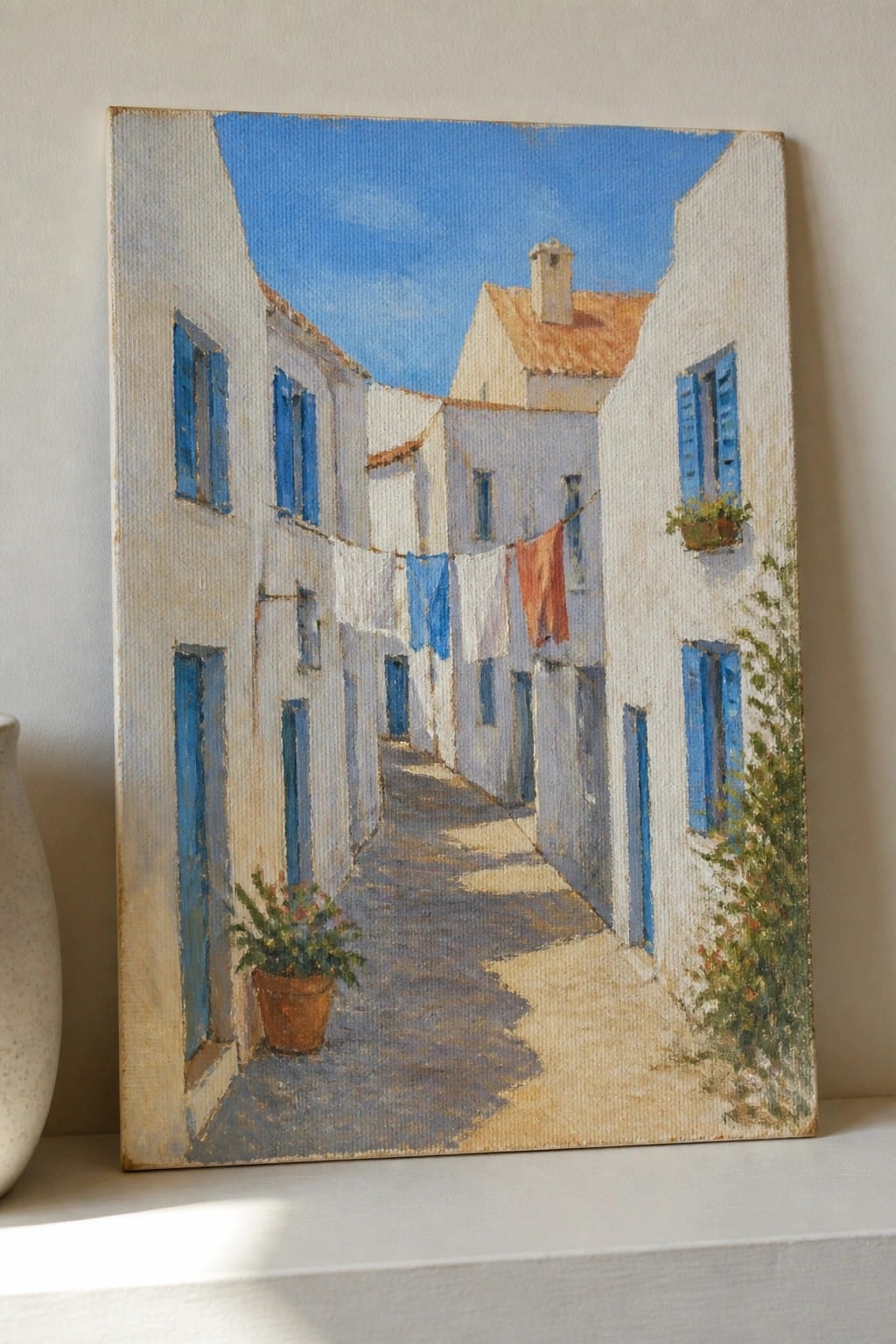 Painting of narrow alley between white buildings with blue shutters and hanging laundry.