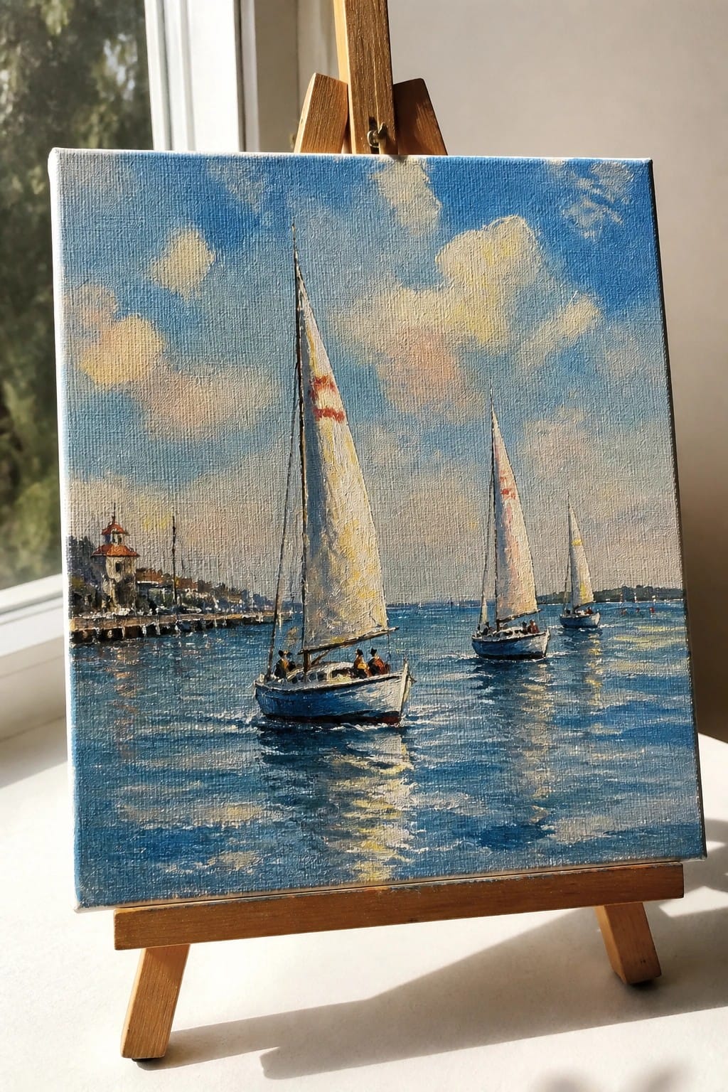 Painting on wooden easel shows sailboats on blue water near coastal town.