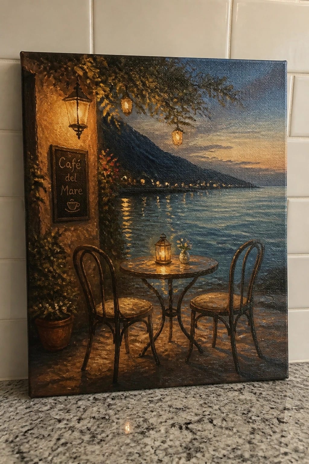 Romantic oil painting of café table with chairs by lakeside at dusk with lanterns