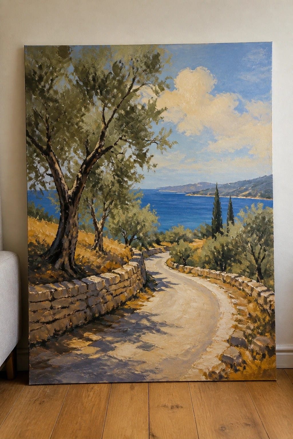 Oil painting of winding coastal road with stone walls and olive trees by the sea