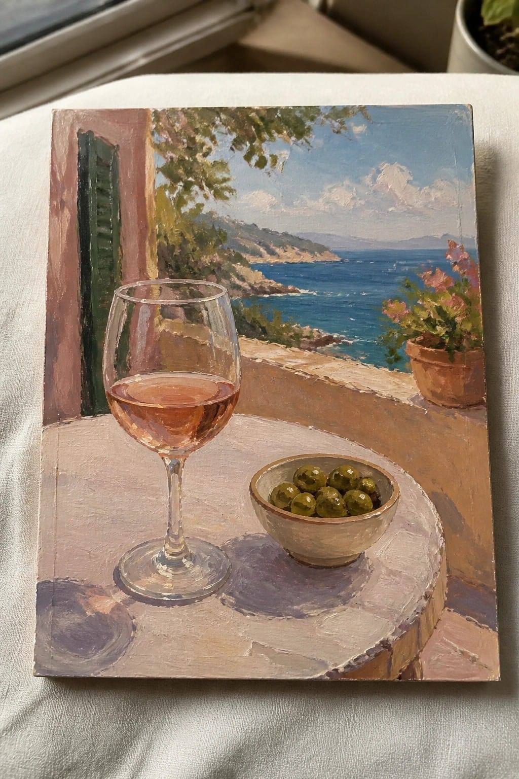 Rosé wine glass and bowl of olives on stone table overlooking blue sea