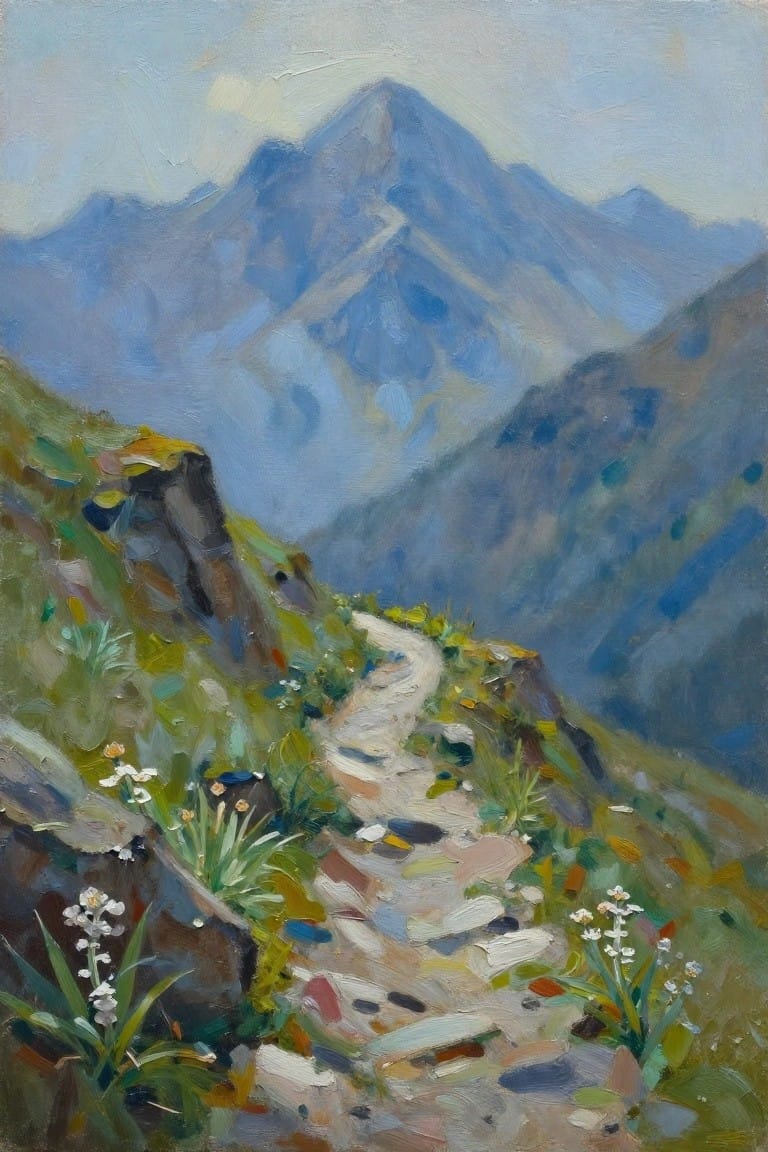 An oil painting of a rocky mountain trail lined with white wildflowers that winds toward a large blue peak in the background.