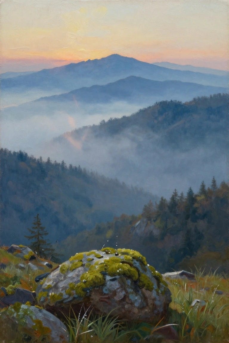 Misty mountain landscape at sunrise with dew-covered mossy rock in foreground