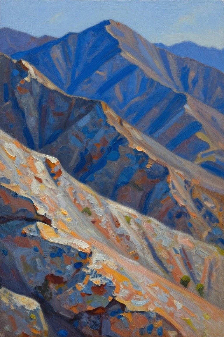 Rugged blue-brown mountains with bold expressive brushstrokes under clear sky.