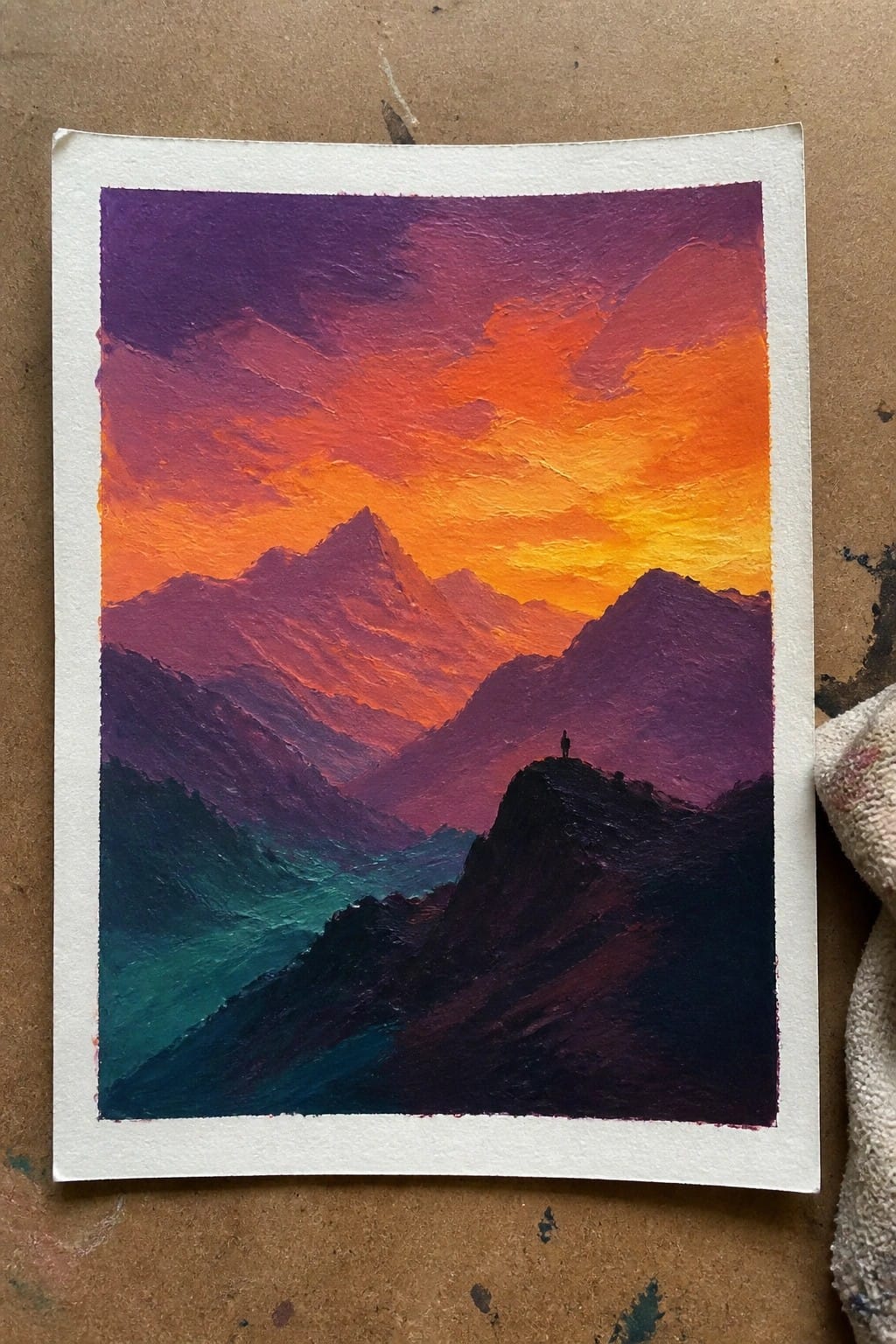 Oil painting of vibrant orange and purple mountains at sunset with a lone figure on a foreground ridge.