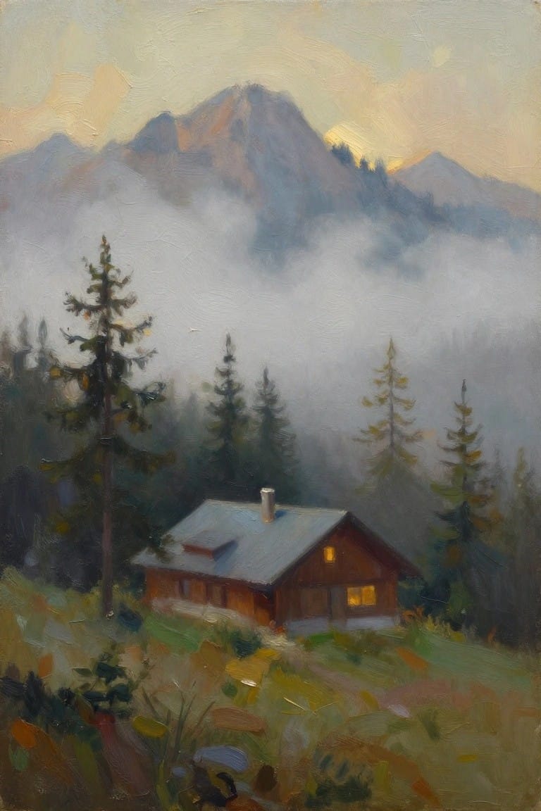 Oil painting of wooden cabin with lit windows amid misty mountains and pine trees