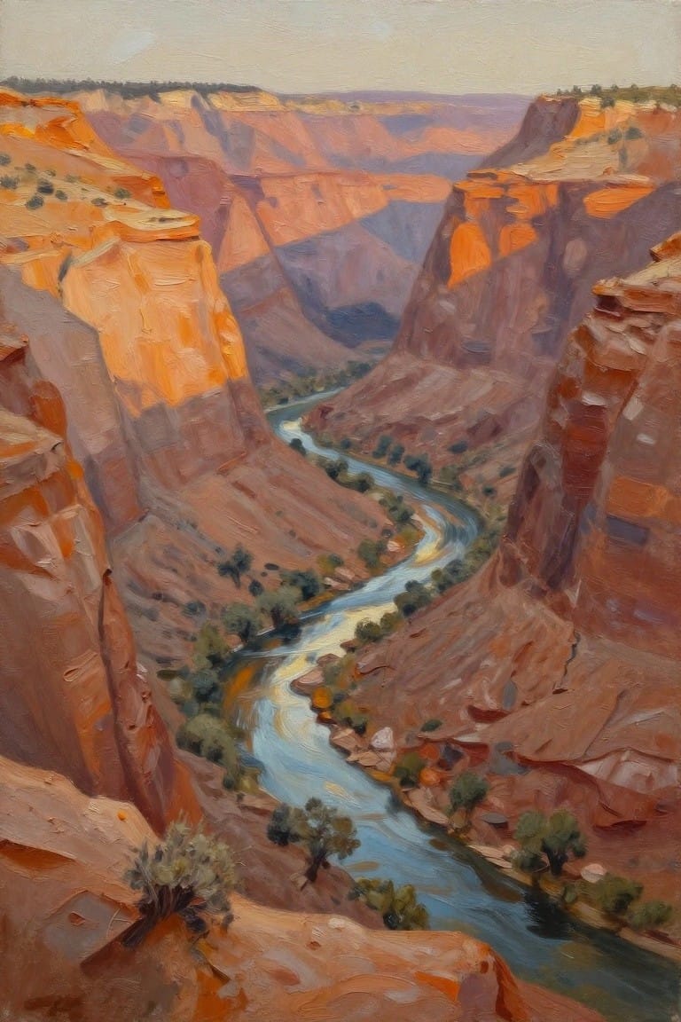 Painting of winding blue river through vast orange-red canyon cliffs with sparse trees