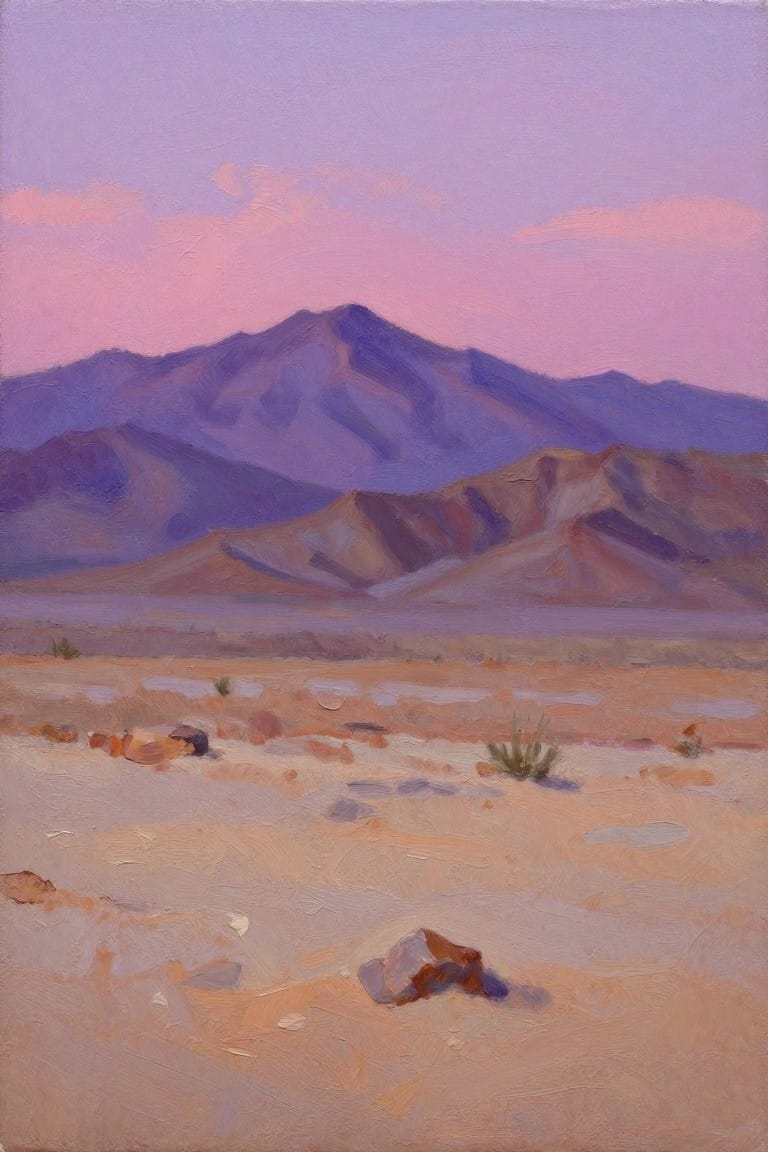 Desert landscape painting with sandy foreground, scattered rocks, and purple mountains under pink sky