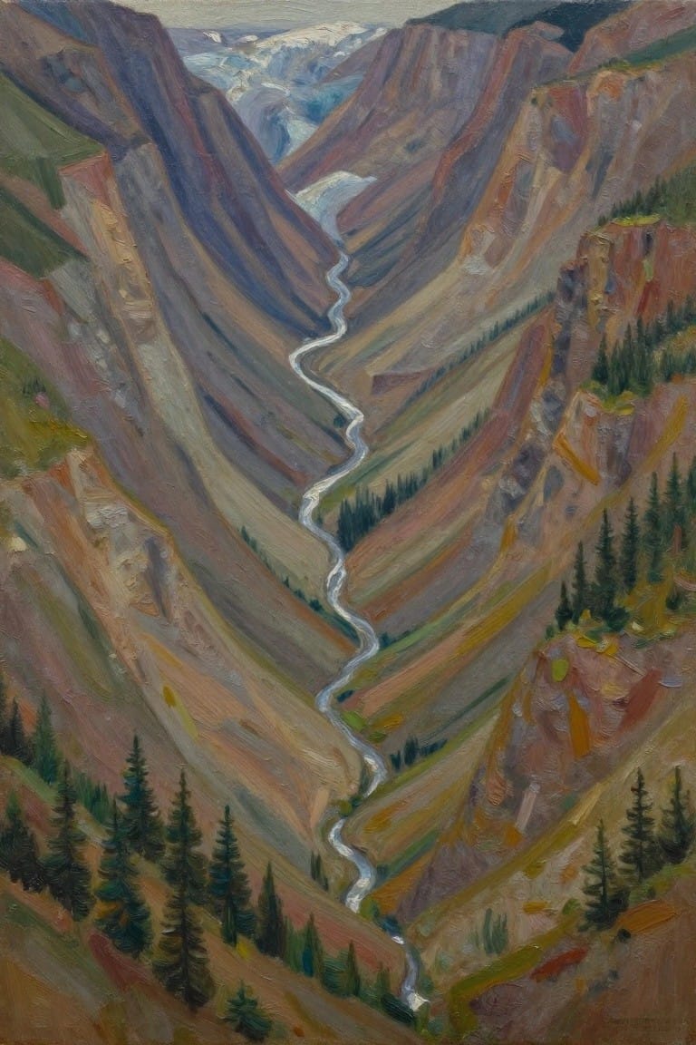 Vibrant oil painting of winding river through colorful layered canyon mountains with pines.