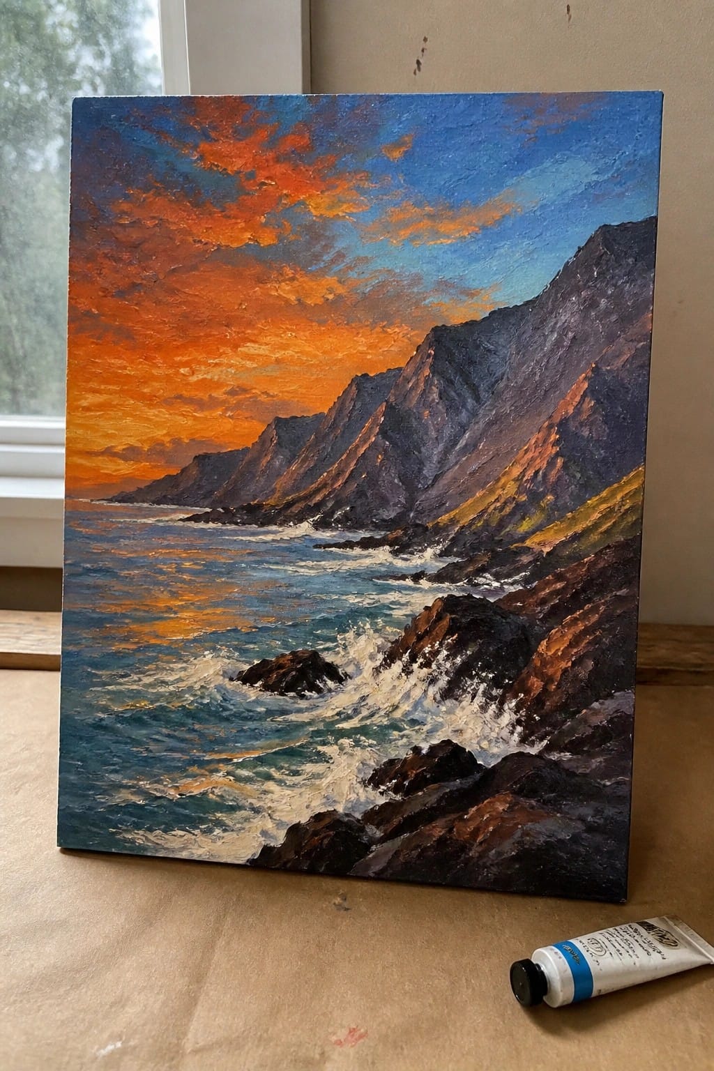 Vibrant oil painting of sunset over rocky cliffs and crashing waves, paint tube nearby.