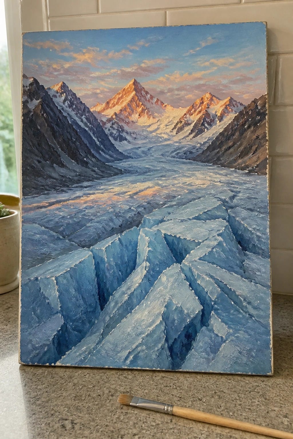 Oil painting of blue glacier between rugged mountains at sunset on countertop with brush