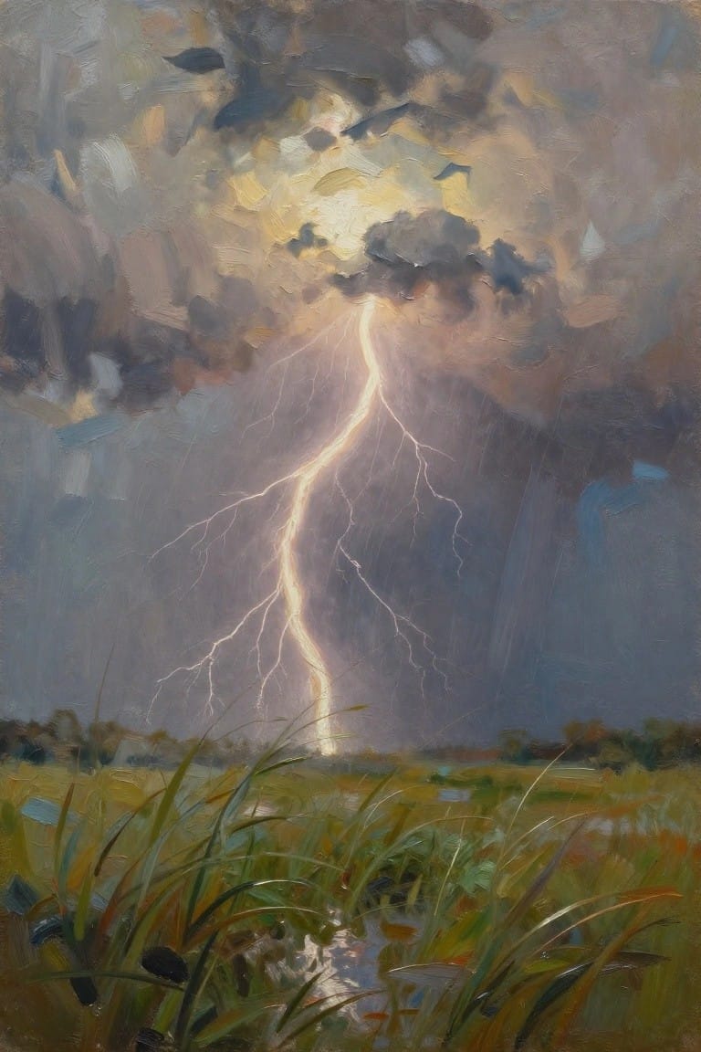Lightning bolt flashes through dark storm clouds over a rainy grassy field
