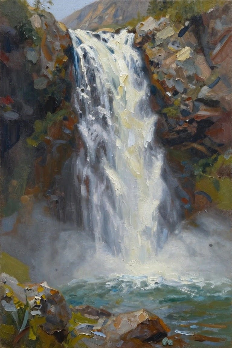 Vibrant oil painting of cascading white waterfall over rocky cliffs into misty pool
