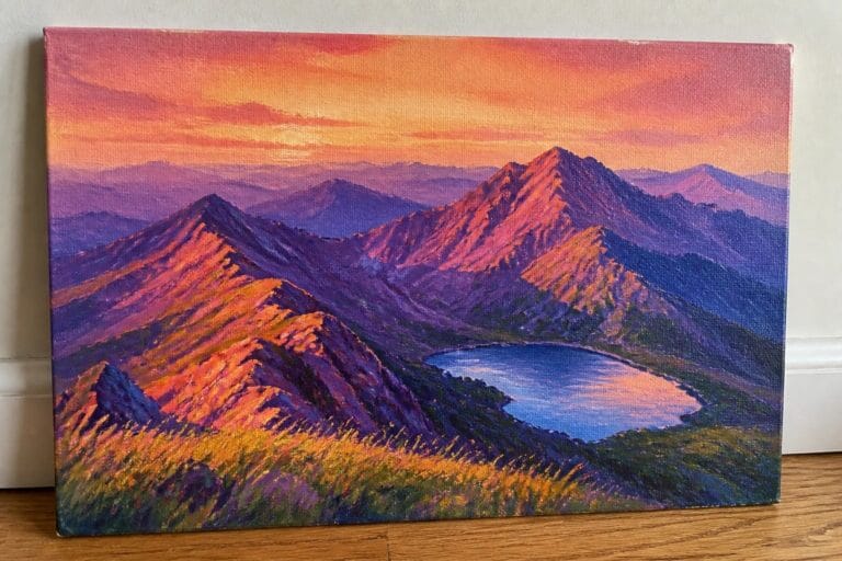 25 Vibrant Mountain Landscape Oil Paintings That Showcase Dramatic Views Vibrant sunset painting of purple mountains with reflective lake on canvas.