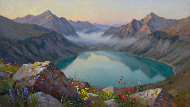 25 Vibrant Mountain Landscape Oil Paintings That Showcase Dramatic Views Alpine lake reflecting golden snow peaks, colorful wildflowers blooming among rocks.