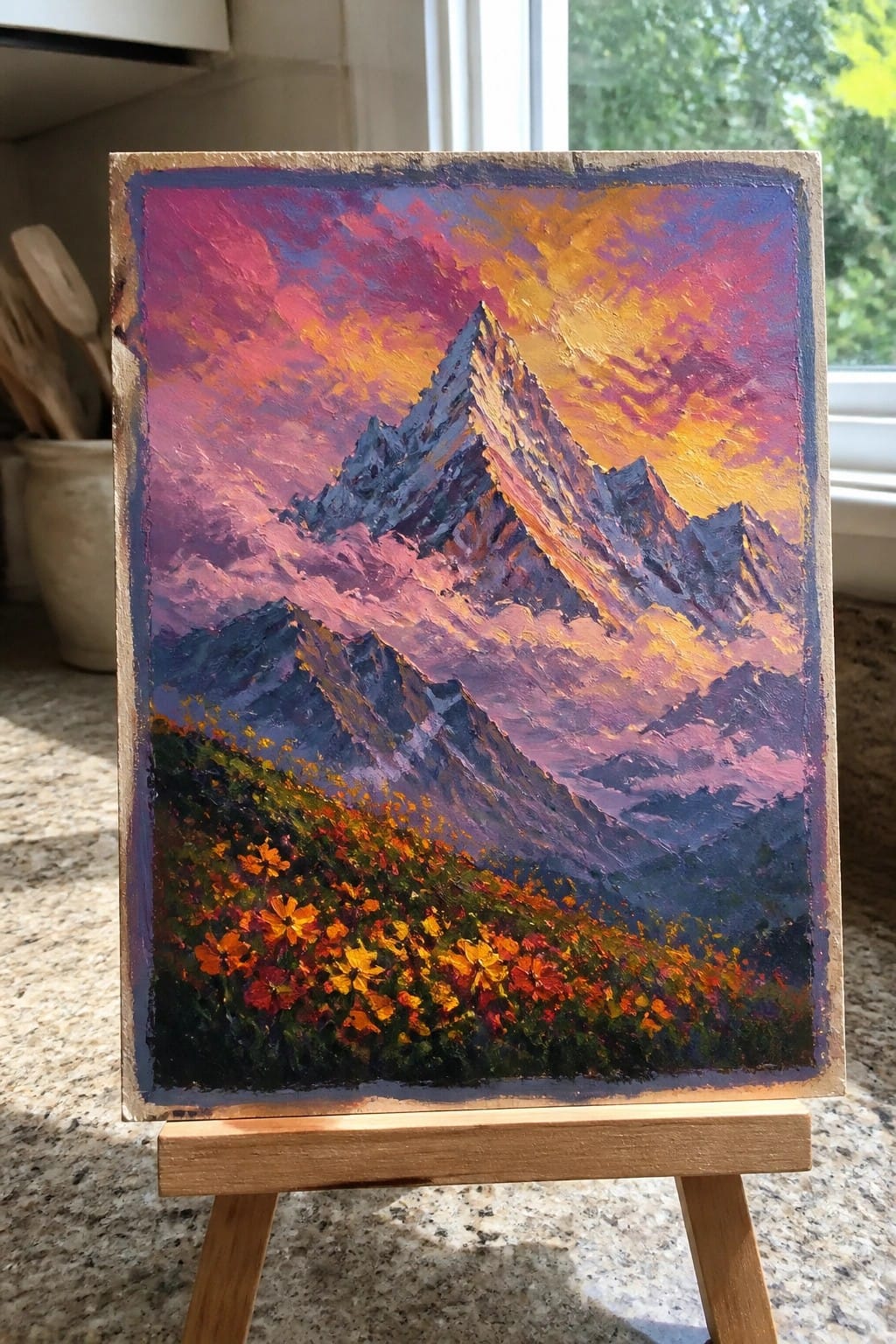 A square oil painting on an easel shows a dramatic mountain landscape at sunset with orange and red wildflowers in the foreground.