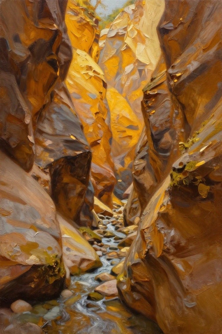 Thickly painted narrow canyon with golden-orange cliffs and a rocky stream.