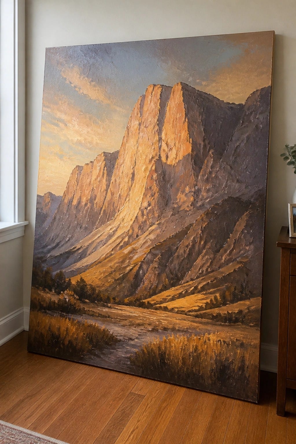 Large textured oil painting of sunlit rugged mountains propped on wooden floor