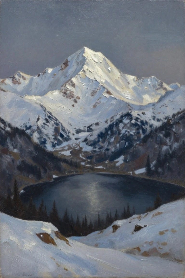 Snowy alpine peaks rise above a dark reflective lake in winter twilight