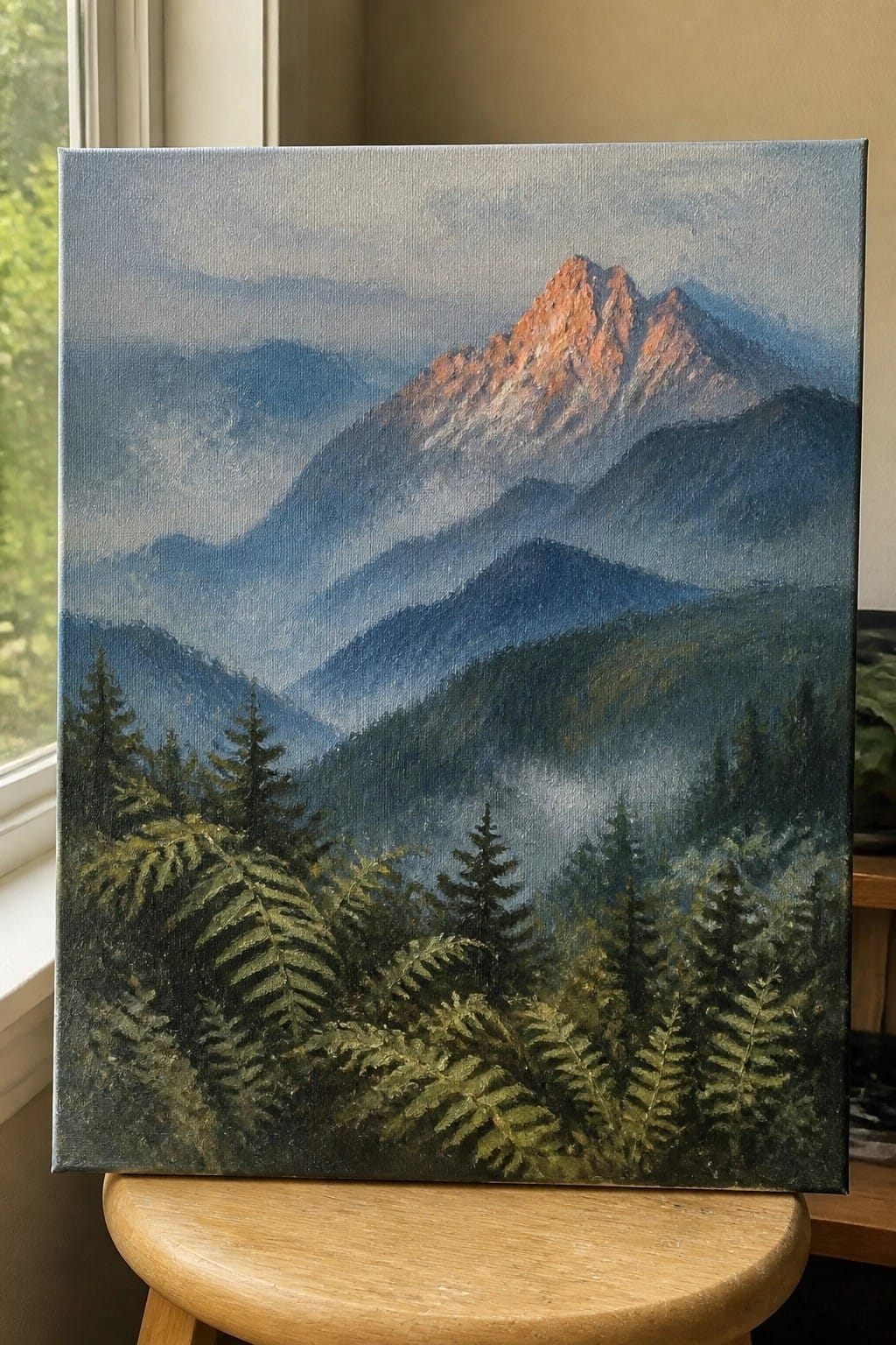 Landscape painting of misty blue mountains with sunlit orange peak and green ferns.