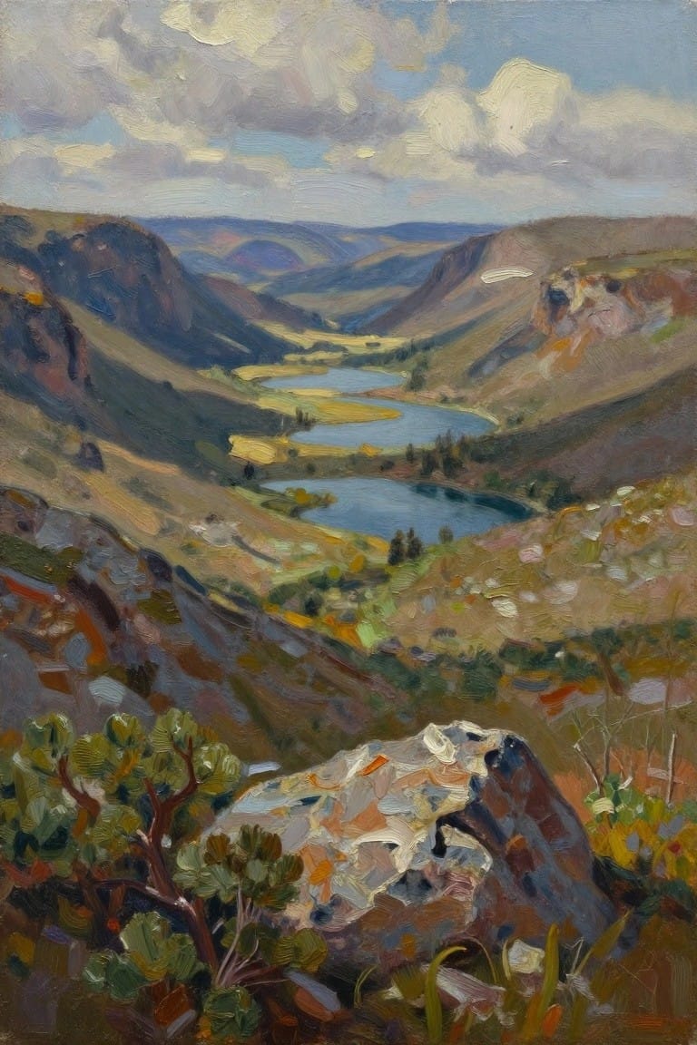 Colorful oil painting of winding river valley amid rocky hills under cloudy skies