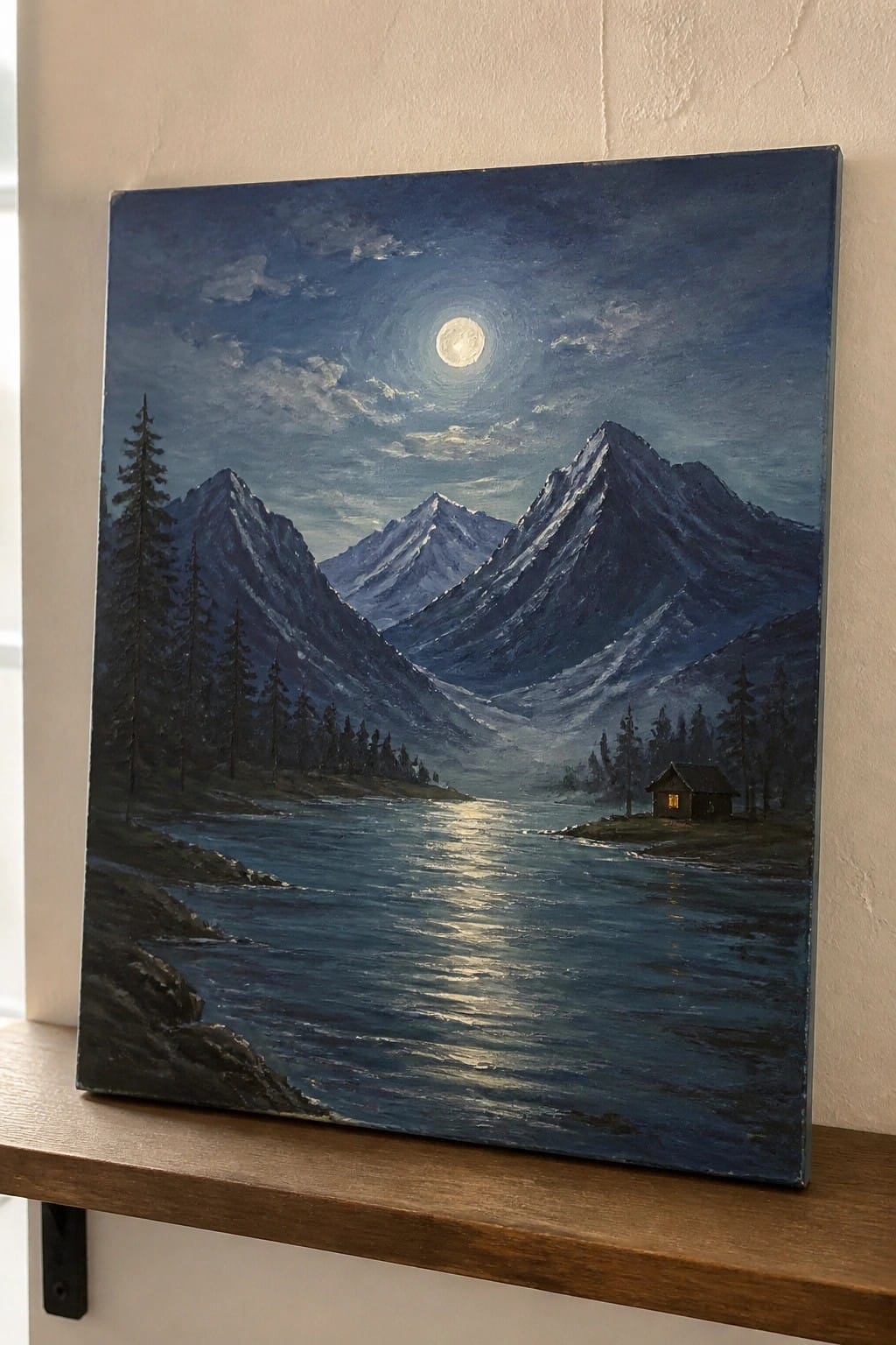 Moonlit painting of snowy mountains, reflective river, pine trees, and cabin at night
