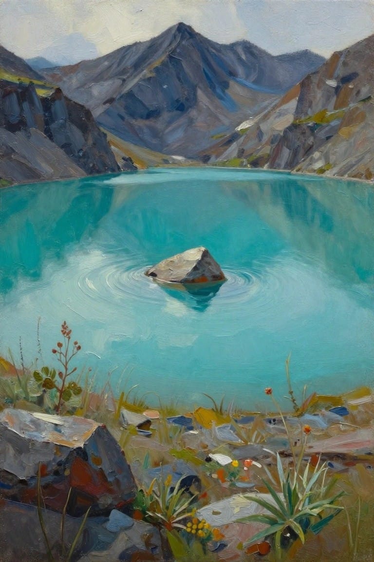 Turquoise alpine lake with central rock and ripples, ringed by rugged mountains and wildflowers