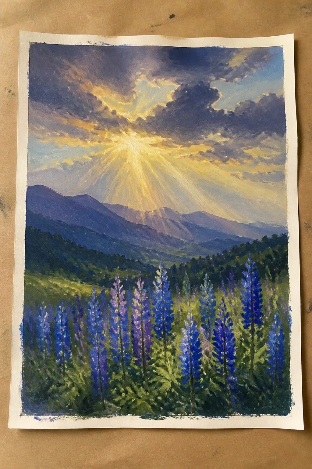 Painting of blue-purple lupines before misty mountains with golden sun rays piercing clouds