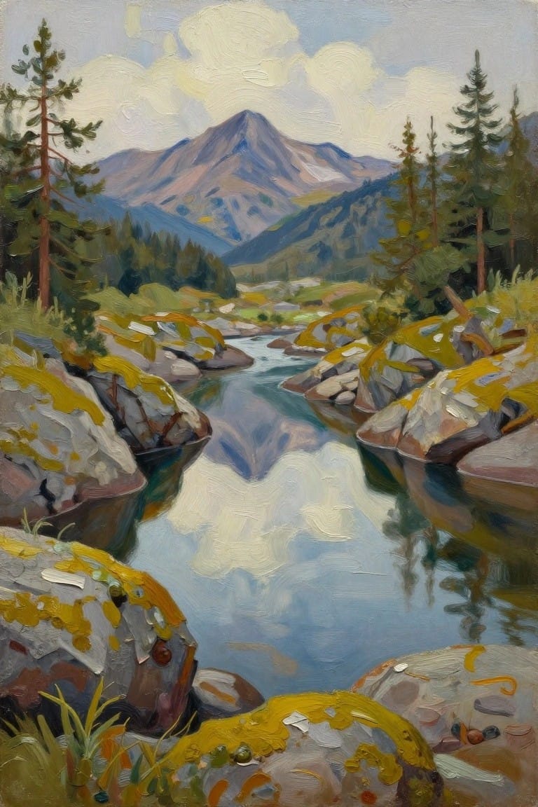Mountain river reflecting clouds amid yellow-lichen rocks, pines, and distant peaks.