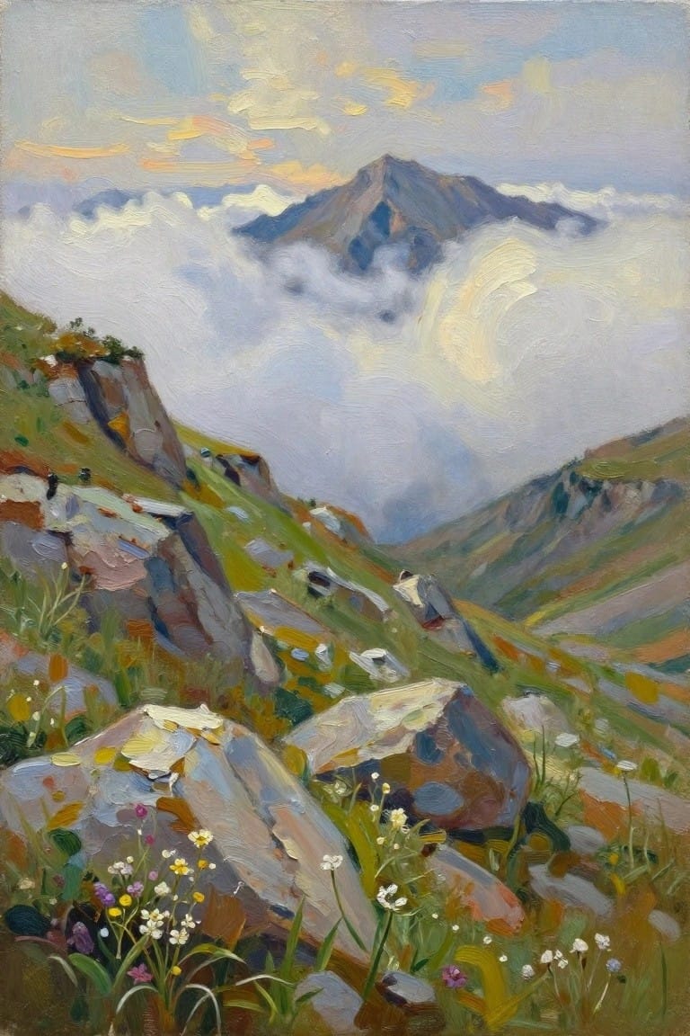 Mountain peak rising above clouds from rocky hillside with wildflowers at sunset