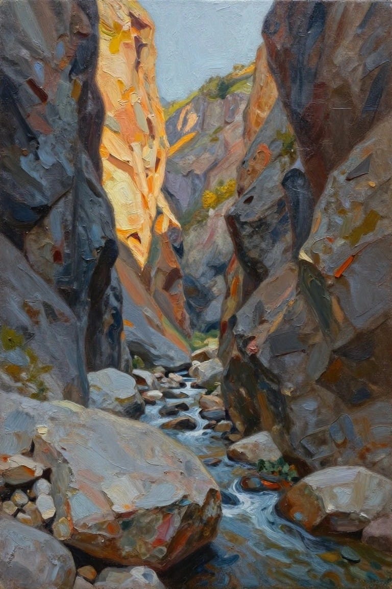 Sunlit canyon walls tower over a rocky stream in vibrant oil painting