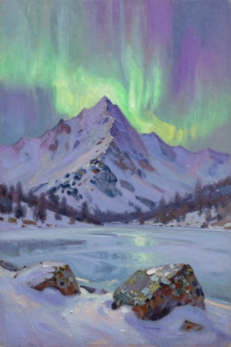 Snowy mountains under green-purple aurora with frozen lake and foreground rocks