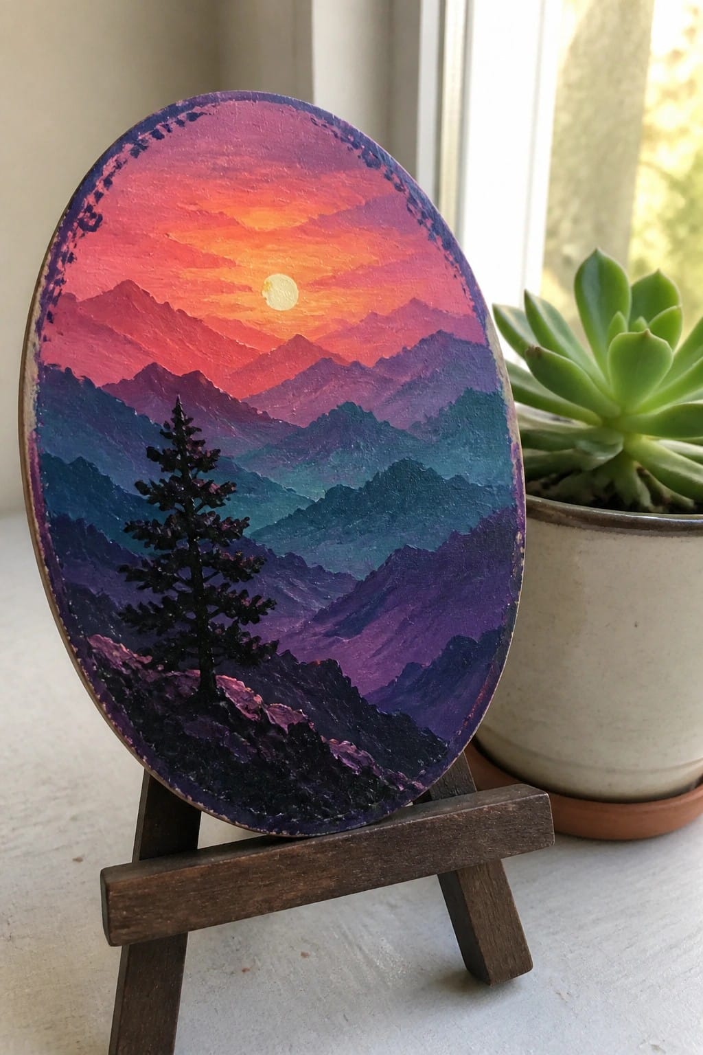An oval oil painting of layered mountains at sunset with a silhouetted pine tree on a wooden easel beside a potted succulent.