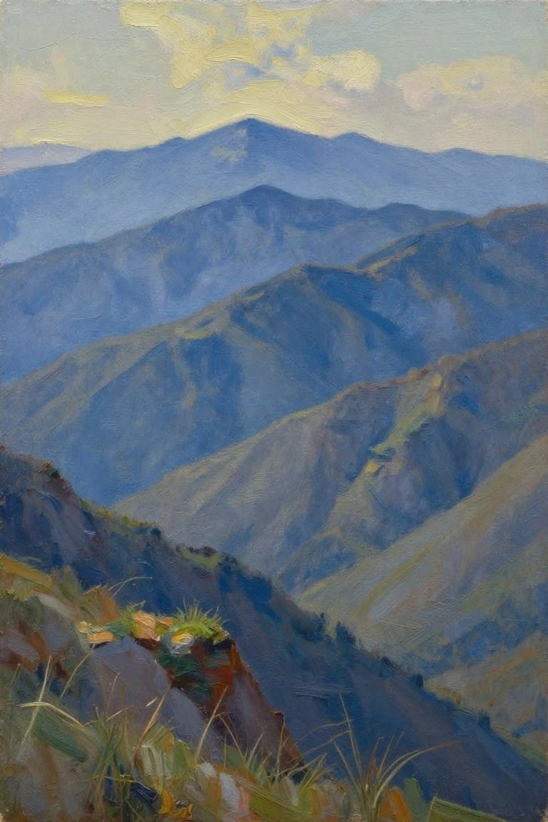 An oil painting of layered blue mountains with a rocky foreground containing grass and vegetation under a pale sky with soft clouds.