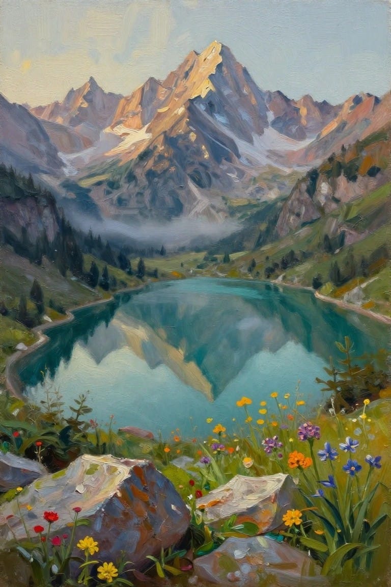 Alpine lake reflecting golden snow peaks, colorful wildflowers blooming among rocks.