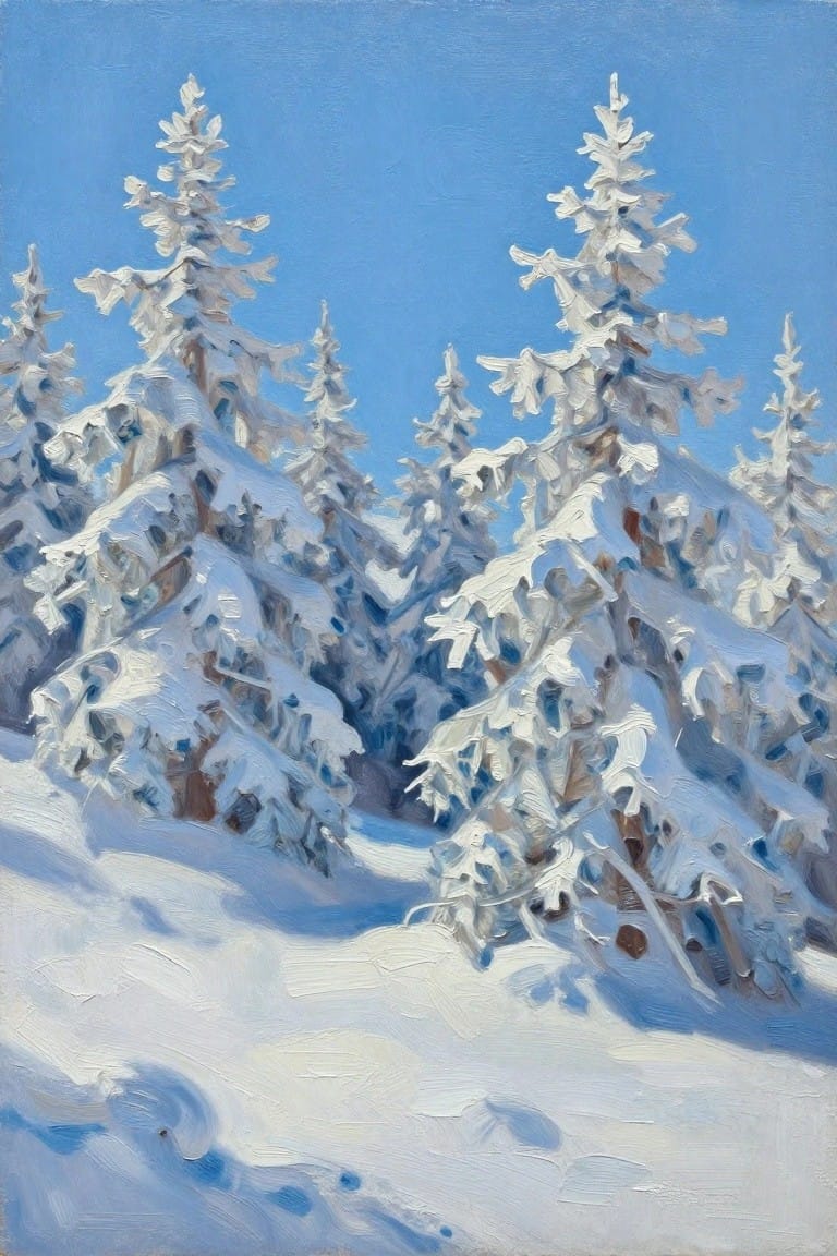 Snow-covered pine trees rise against a clear blue sky in a snowy forest.