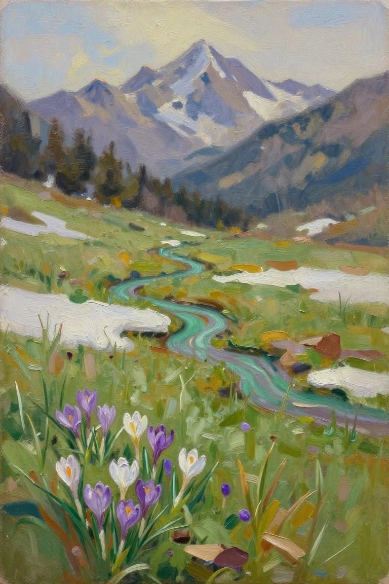 An oil painting shows snow-capped mountains behind a winding turquoise stream through green meadows with white snow patches and purple and white crocuses in the foreground.