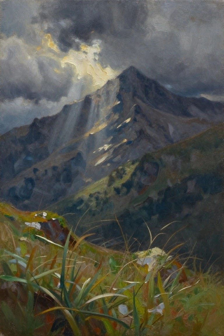 Stormy mountain peak with sunlight rays piercing dark clouds over grassy rocky foreground.
