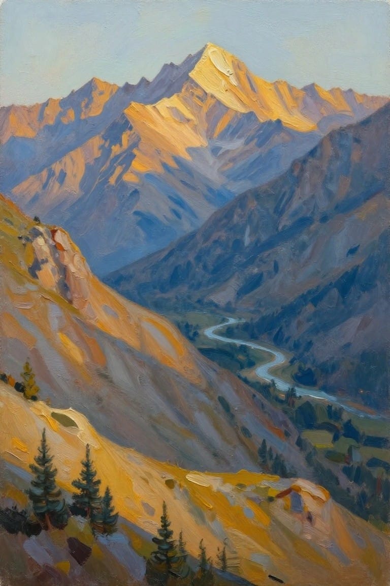 An oil painting of a mountain range with golden sunlight on the peaks, a winding river in the valley, and pine trees on the foreground slopes.