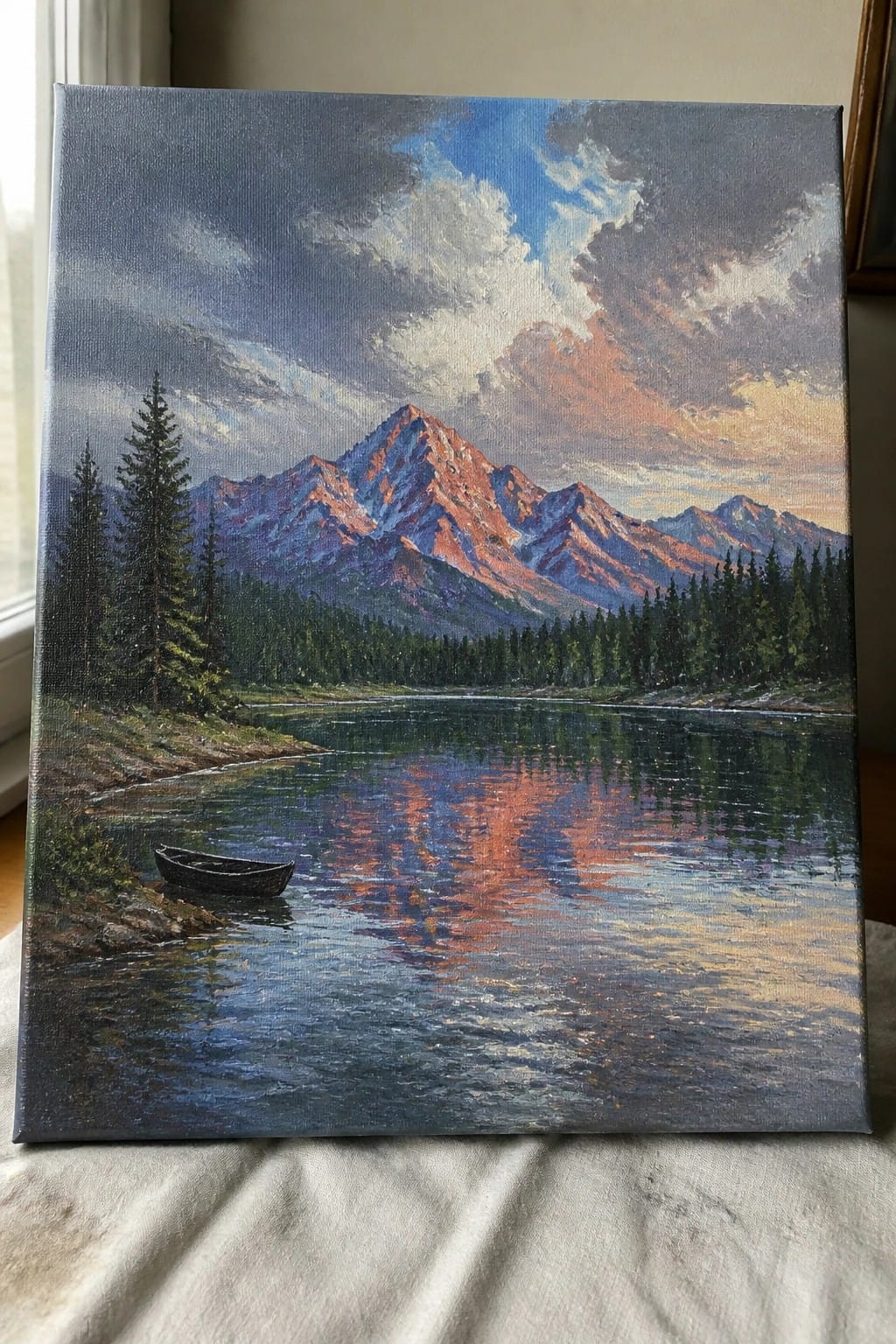 Mountain landscape painting with reflective lake, pine trees, small boat, and colorful sunset sky