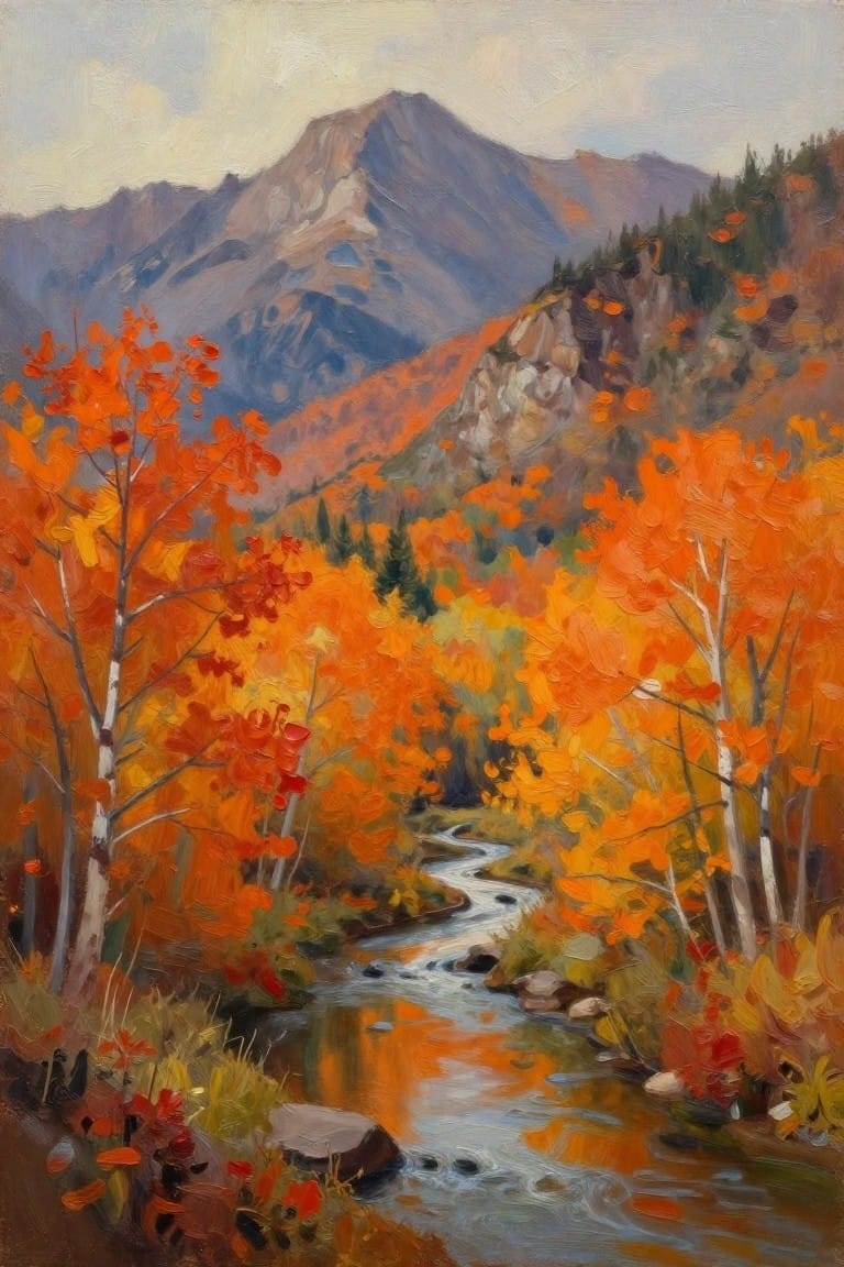 An oil painting of a river winding through bright orange and red autumn trees with mountains in the background.