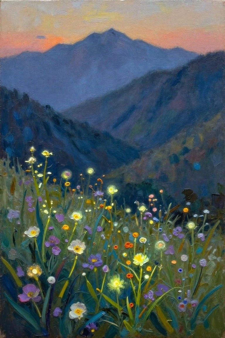 Vibrant glowing wildflowers in a colorful meadow before misty mountains at sunset