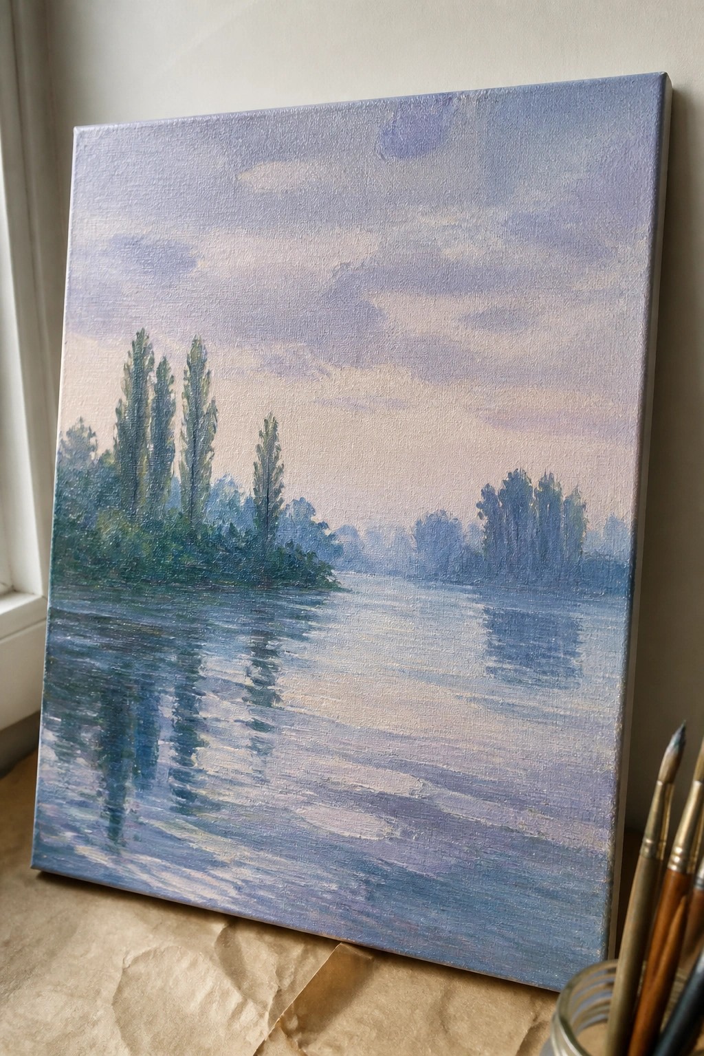 Impressionistic canvas painting of misty blue river with tree reflections beside brushes