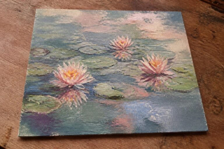 Pastel painting of pink water lilies floating among green lily pads on a pond