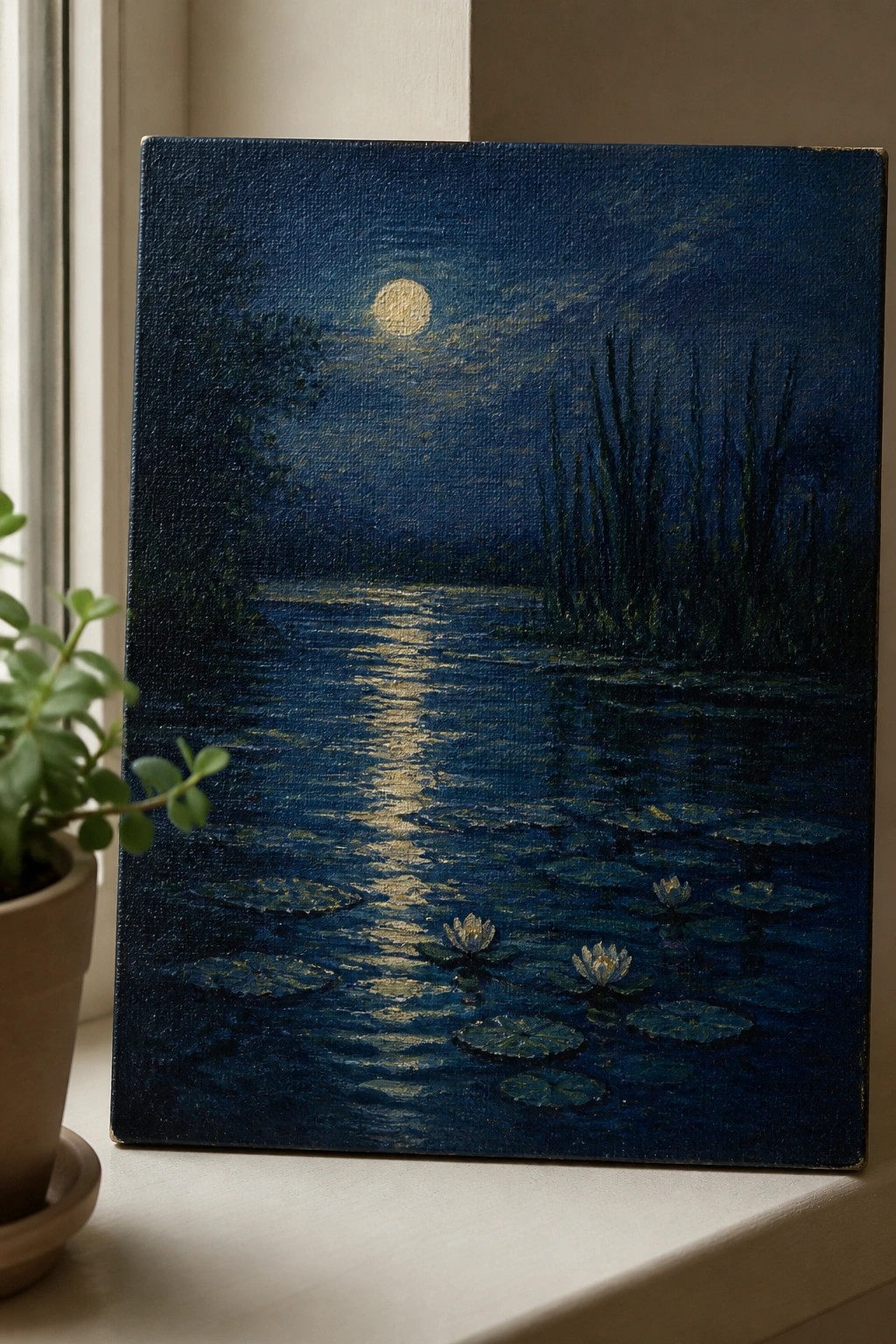 Moonlit pond painting with water lilies and reeds beside potted plant on sill