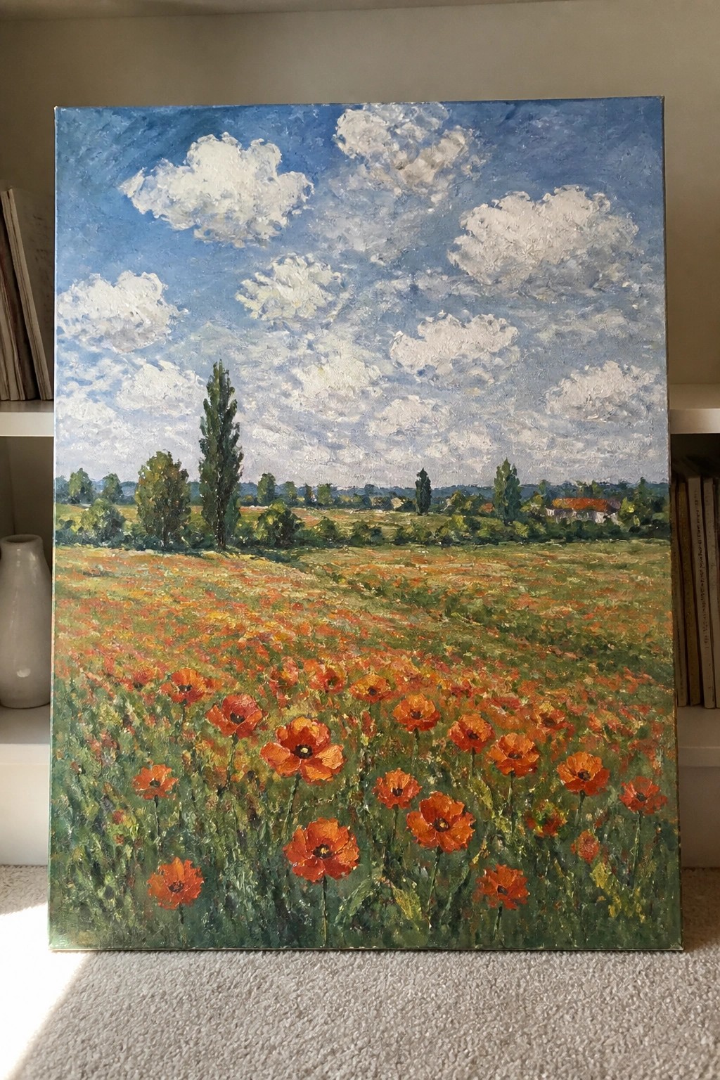 Impressionist painting of an orange poppy field under a blue sky with white clouds