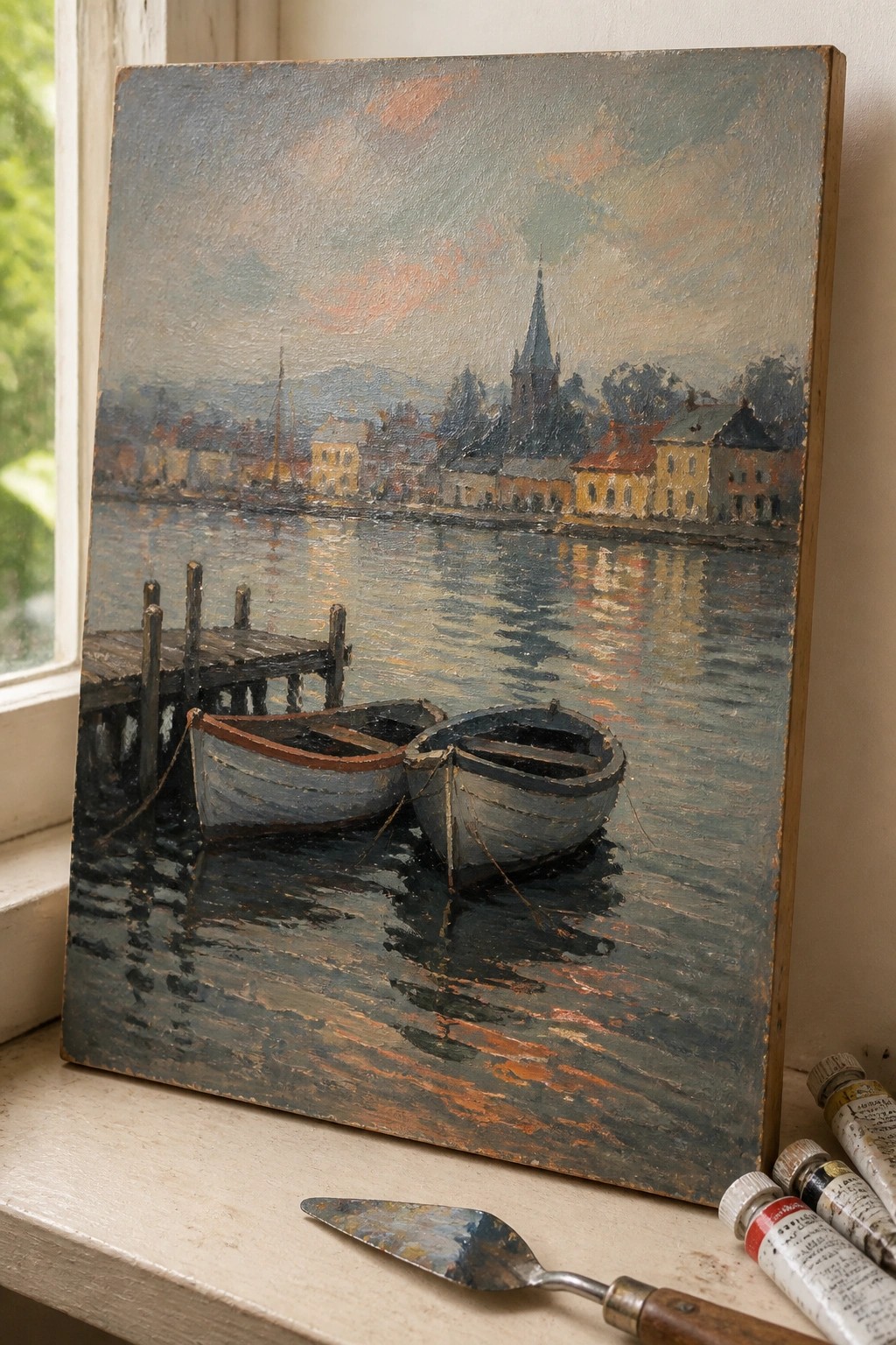 Two boats moored at dock in riverside town oil painting beside palette knife and paints.